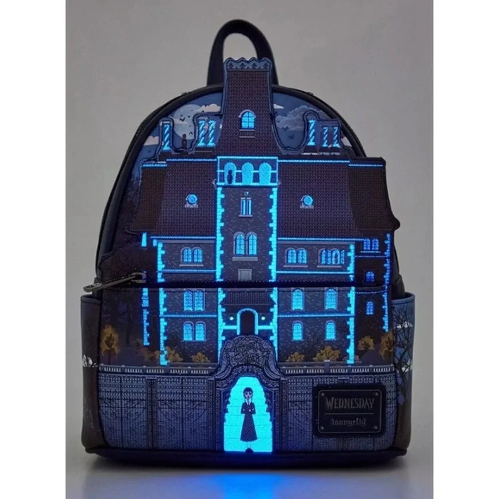 Loungefly Blue Wednesday Nevermore Academy Glows Dark Backpack NWT‎